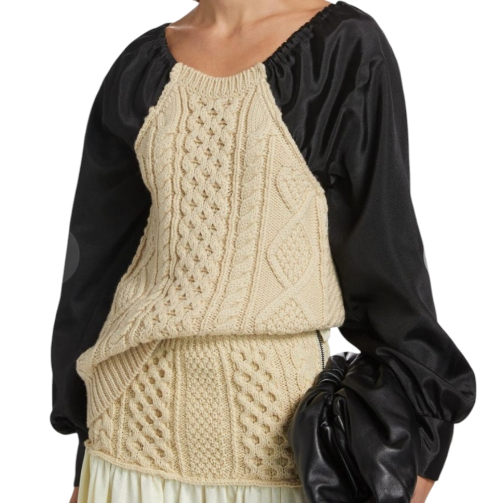 NWT LINGUA FRANCA Mekas Combo Cable Knit & Taffeta Plunge Back Sweater Top XL